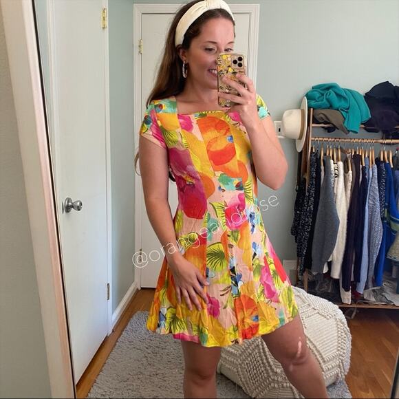 FARM Rio Brazil Vibrant Yellow Orange Tropical Soft Cotton Colorful Mini Dress S - Picture 7 of 12